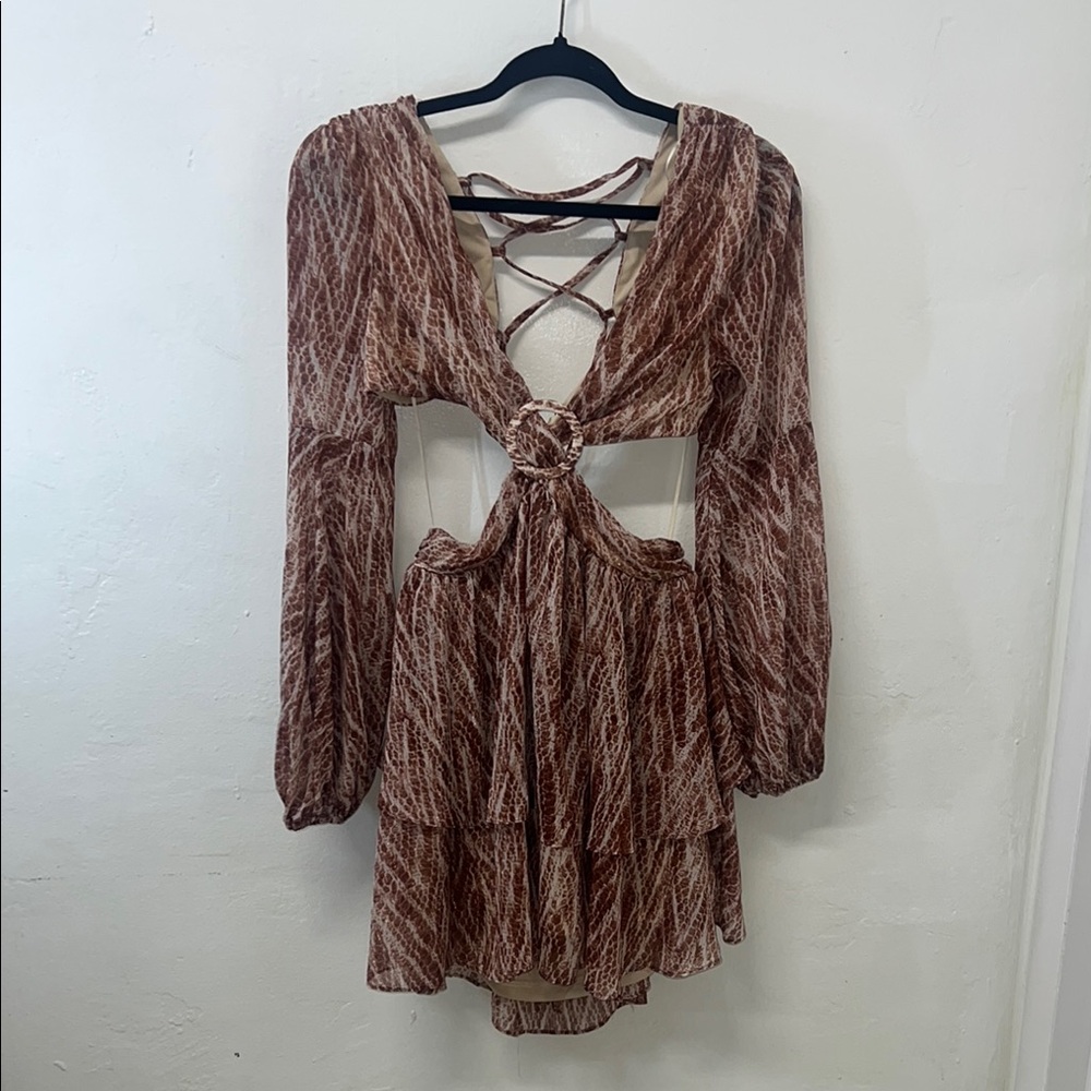 Brown Plunge Neck Sundress with Bishop Sleeves